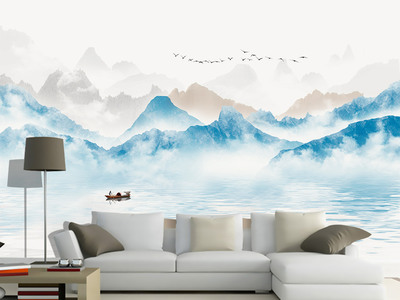 新中式意境抽象水墨山水風(fēng)景電視背景墻壁畫(huà)