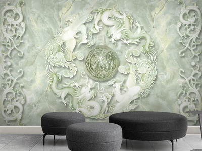 龍鳳呈祥玉雕浮雕3D電視背景墻壁畫(huà)