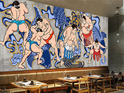 復古手繪相撲武士水泥墻日式餐廳壁畫背景墻