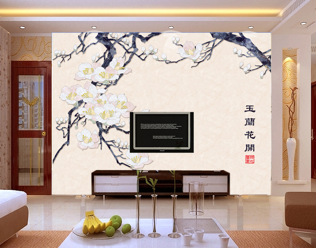 玉蘭花開大理石紋水刀拼花電視背景墻壁畫 藝術(shù)與自然的融合