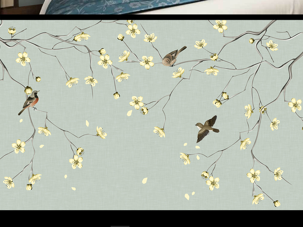 現(xiàn)代簡(jiǎn)約風(fēng)韻 梨花手繪工筆花鳥新中式背景墻的藝術(shù)解讀